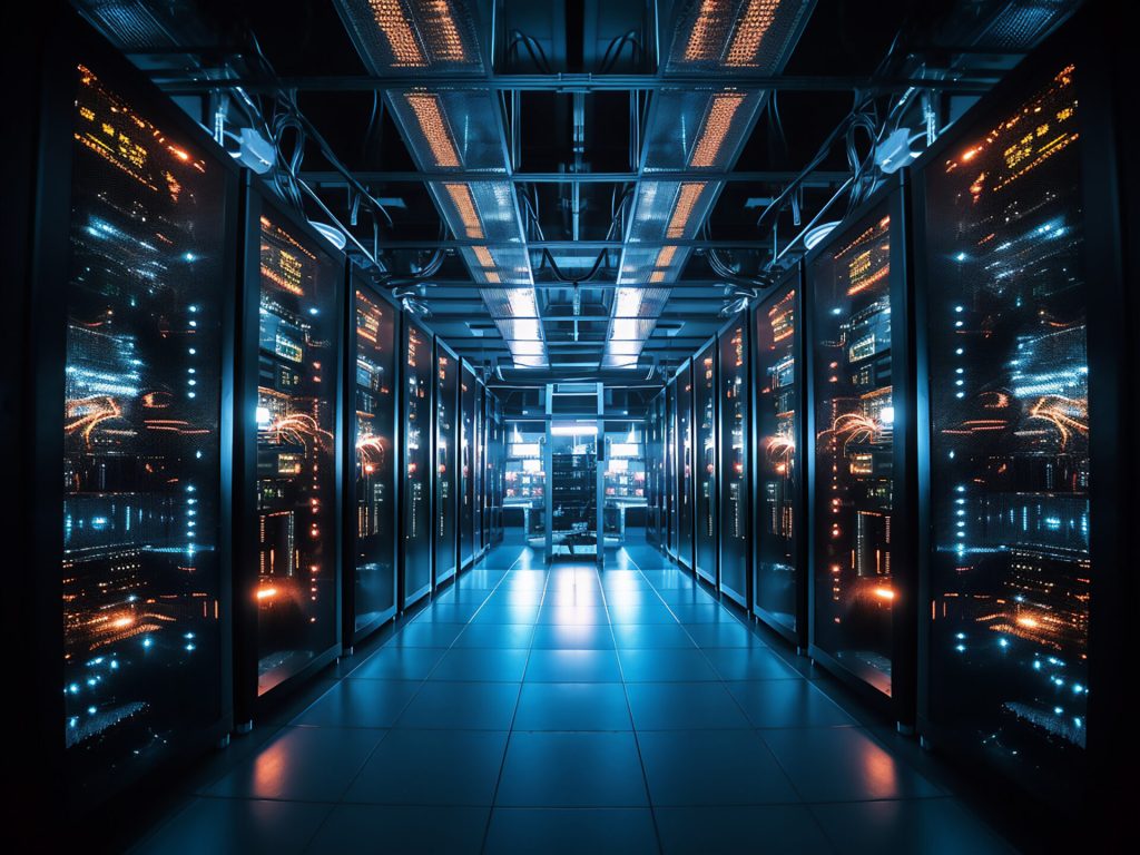 dark server room data center with rows of computer servers, 3d render